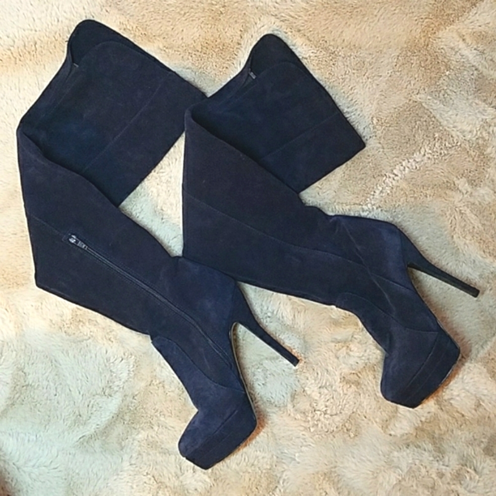 Primadonna Collection Platform Stiletto Thigh high OTK Boots Blue Suede ITALY - Picture 1 of 16